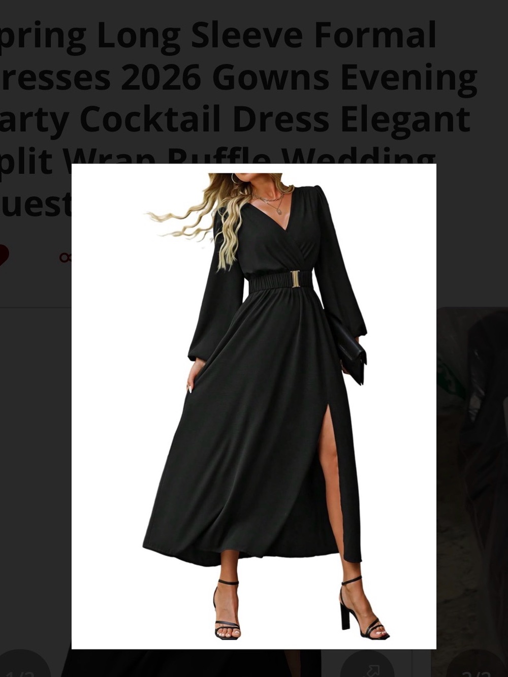 Classic Black V-Neck Long Sleeve Maxi Dress with Waist Belt Large